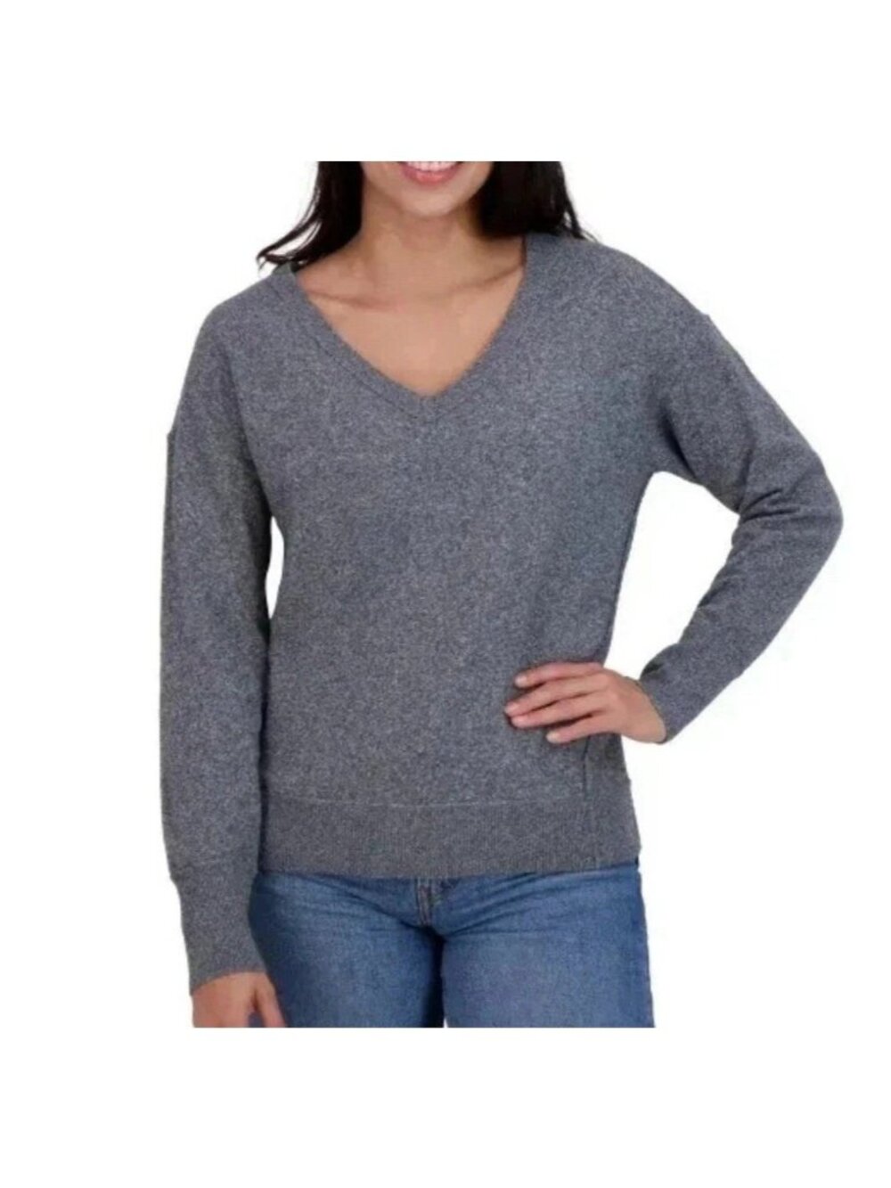 NWT Lucky Brand Women's S V-Neck Sweater Medium Heather Gray Polyester Blend
